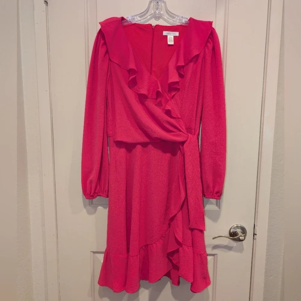 London Times V-Neck Ruffle Detail Long Sleeve Wedding Guest Dresses for Women - Picture 2 of 10